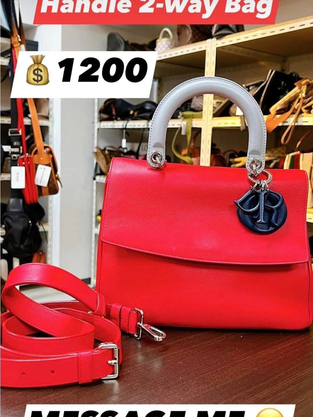 Dior Red Satchel with White Top Handle and Navy Charm